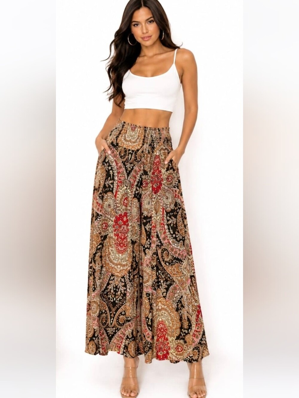 Gold & Black Boho Print Wide Leg Pants with Smocked Waist